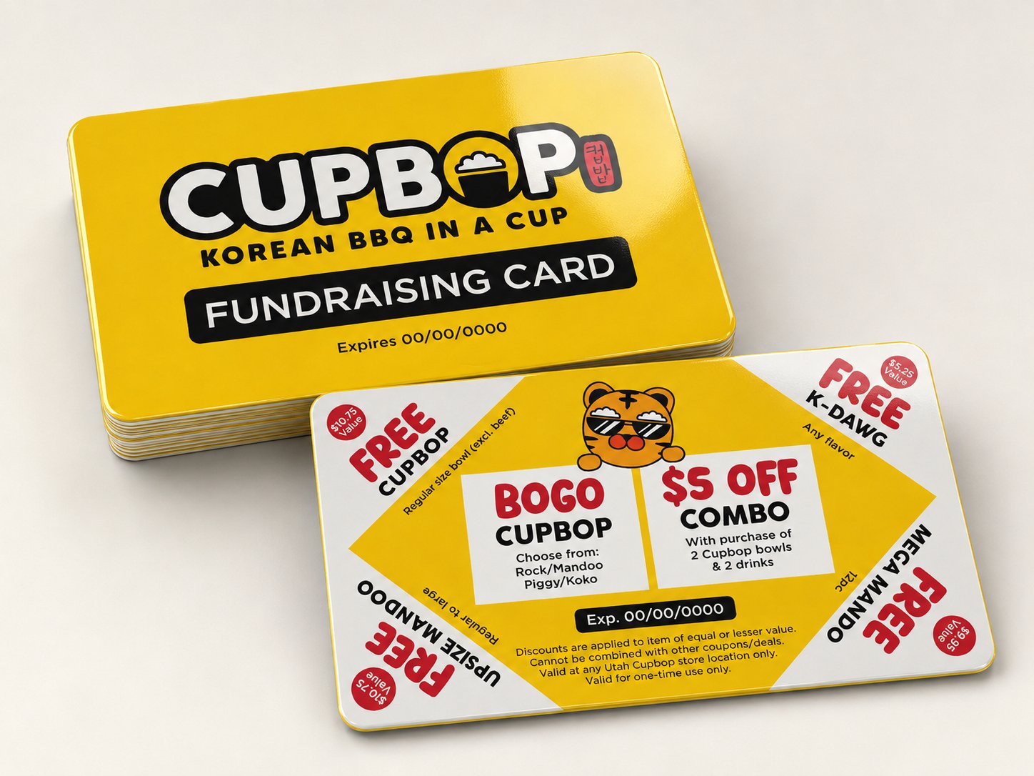 CupBop Fundraising Card front and back: yellow front labeled Fundraising Card, and white back listing Free CupBop, BOGO, $5 off combo, Free K-Dawg, Free Mega Mando, and Upsize Mandoo offers.